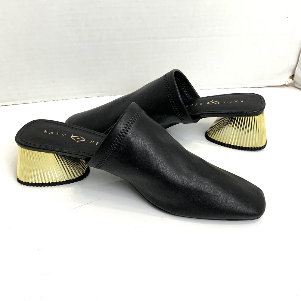 Katy Perry Sz 11 Clarra Black Leather Gold Plated Heel Mules